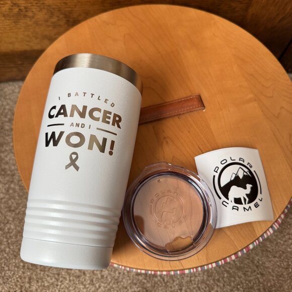 NWT Polar Camel White "I Battled Cancer and I Won!" 20oz Insulated Tumbler w/Lid - Picture 6 of 7